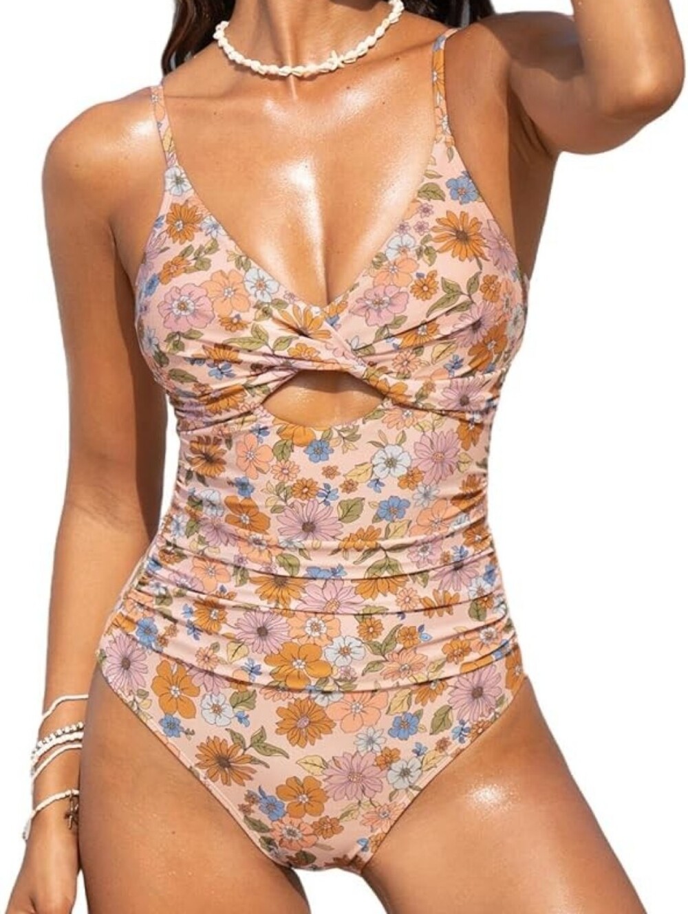 Cupshe Pink/ Apricot Floral Wrap Cutout One Piece Swimsuit Women's Size Small